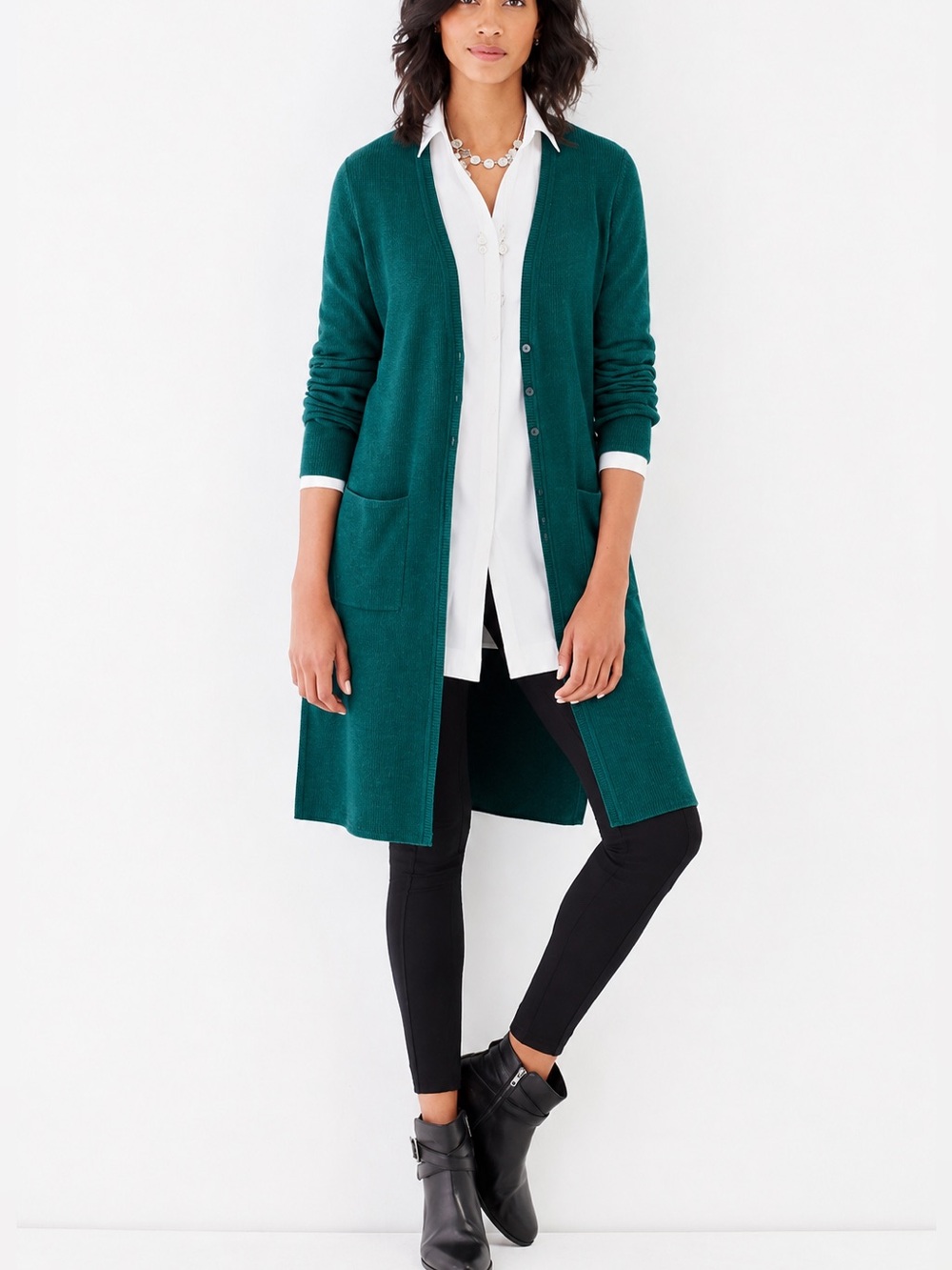 J. Jill Cotton Silk Blend Viridian Longline Ribbed Cardigan Sweater M Pocket EUC